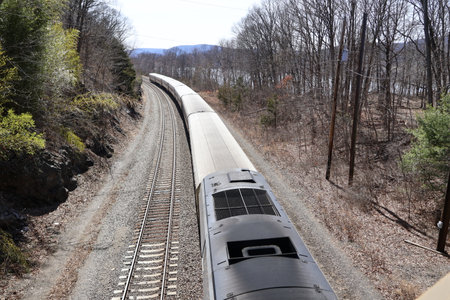 Train moving through the forest on a sunny day, close-upの写真素材