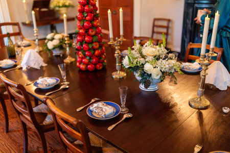 Festive table setting for wedding or another catered event dinner.の写真素材