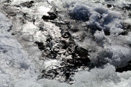 Frozen snow ground and ice puddle on winter