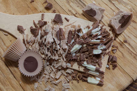 grated cookies for decoration on wooden board, note shallow depth of fieldの写真素材