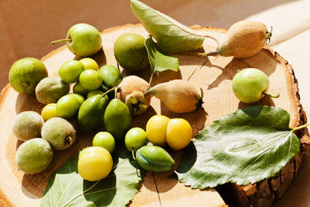 miscellaneous not ripe fruit in a pile on a wooden boardの写真素材