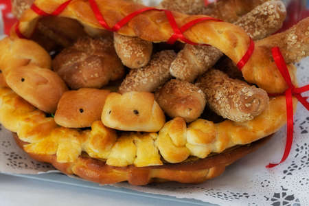 pastries in a basket made of doughの写真素材