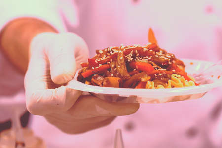 grilled vegetables with pasta on the plate, note shallow depth of fieldの写真素材