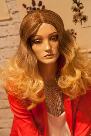 Head of the doll with long hair, note shallow depth of fieldの写真素材