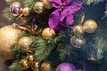 New Year's decorations on the tree with lot of balls, note shallow depth of fieldの写真素材
