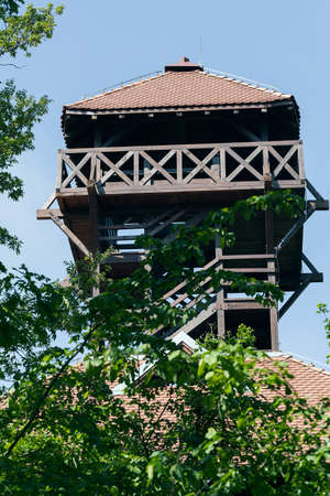 covered wooden observation post above the roof, note shallow depth of field