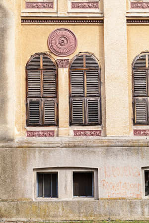 old wooden blinds on the windowsの写真素材