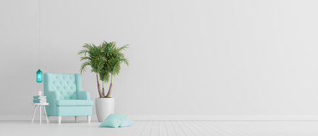 Living room interior design with pastel green velvet armchair and palm tree with white wall and copy...