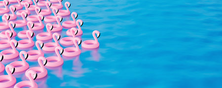 Bunch of pink flamingos floating in the sea. Summer travel concept 3d render 3d illustration