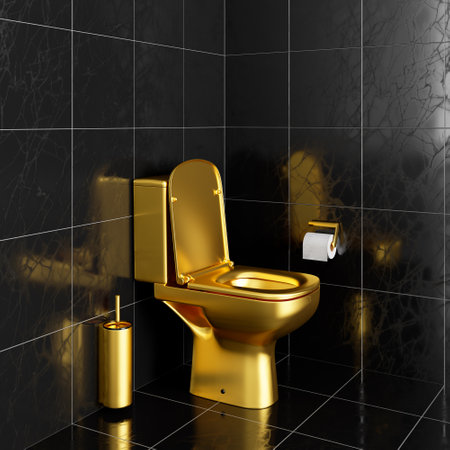 Gold toilet bowl and accessories in black tiled toilet 3d render 3d illustrationの写真素材