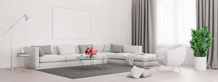 Modern living room interior design with white wall, 3d Render 3d illustration