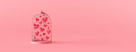 Red hearts balloons trapped in a bird cage. Valentine's day concept on pink background 3d render 3d illustrationの写真素材