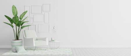Living room interior design with armchair and pictures frame with white wall and copy space on right 3d render 3d illustrationの写真素材