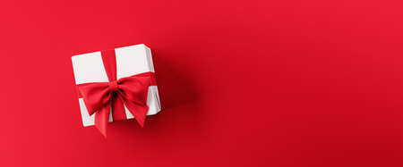 White gift box with red ribbon on red background 3d render 3d illustrationの写真素材