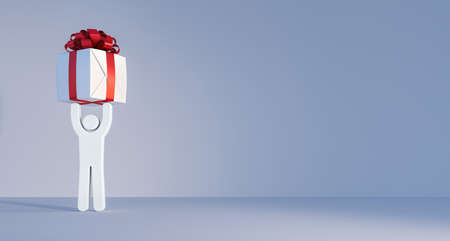 A man carries a gift over his head 3d render 3d illustrationの写真素材