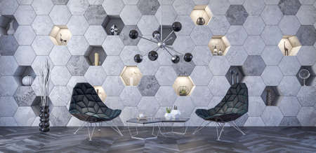 Modern interior design of futuristic living room 3d Render 3d illustration