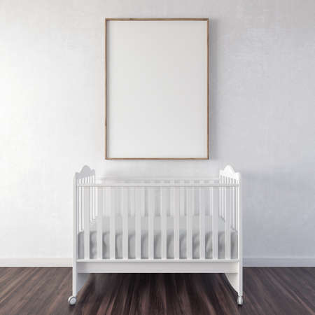 baby bed with mock up poster 3d render 3d illustration
