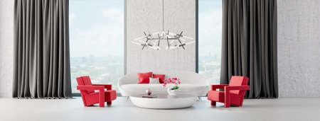 Modern Living room, interior design with concrete walls 3D Render 3D illustration