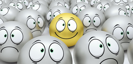 Happy and sad smiley faces in crowd 3d render 3d illustrationの写真素材