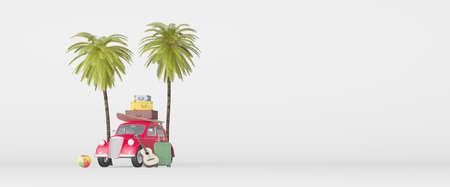 retro car with luggage on roof. summer vacation concept with copy space 3D Render 3D illustrationの写真素材