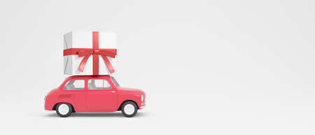 Cute Red Car Carrying Gift 3d render 3d illustrationの写真素材