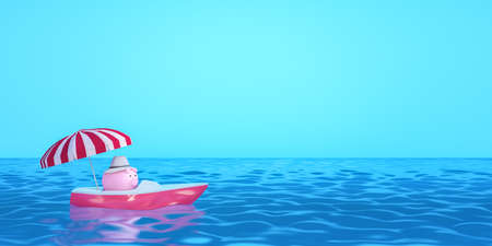 Piggy Bank Resting and Sail On The Open Sea, Summer Holiday Concept 3d render 3d illustration