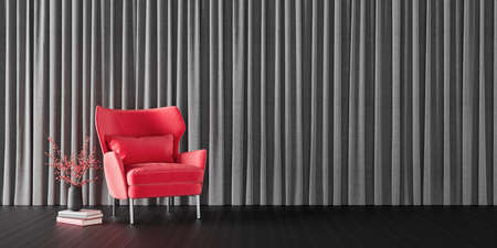 Empty grey living room with red armchair. Modern interior design with copy space 3D Render 3D...
