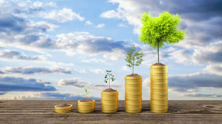 Growing Money, Plant On Coins, Finance And Investment Concept Background 3d render 3d illustration