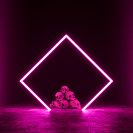 Human skulls in dark room with pink neon light. Modern culture and lifestyle is worth more than life. Futuristic concept 3d render 3d illustrationの写真素材