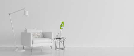 White concrete wall with white modern furniture, minimal interior design, 3d render, 3d illustrationの写真素材