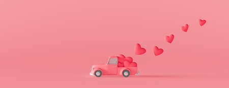 Cute pink car with red hearts. Valentine's day concept on pink background 3d render 3d illustrationの写真素材