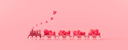Cute pink train and wagons filled with red hearts. Valentine's day concept on pink background 3d...