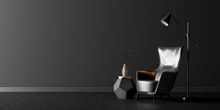 Living room interior design with modern black leather armchair. Black wall and copy space on left 3d...