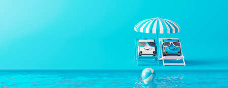 Summer suitcases with sunglasses rest on a beach chair. Creative minimal summer concept idea on blue background 3D Render 3D illustrationの写真素材