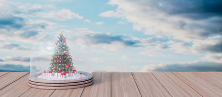 Magical winter Decorative Glass Dome with Christmas tree and presents 3d render 3d illustration