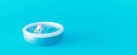 Piggy bank with lifebuoy in Swimming pool. Stay at home and keep savings concept. Quarantine period...
