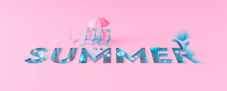 Summer text made from a swimming pool on pastel pink background. Creative minimal summer concept idea with copy space 3D Render 3D illustrationの写真素材