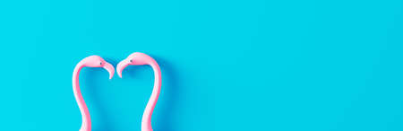 Ready for summer Love Concept. Pink flamingos on blue background with copy space 3D Render 3D illustrationの写真素材