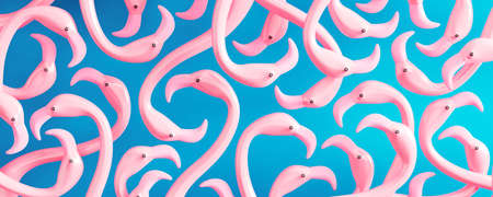 Pink flamingos on blue background. Abstract decorative concept 3D Render 3D illustrationの写真素材