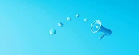 Blue megaphone with flying macarons on blue pastel background. Speech of sweet love concept 3d render 3d illustrationの写真素材