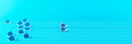 Business competition concept. Snail on skateboard leading the race against a group of slower snails...