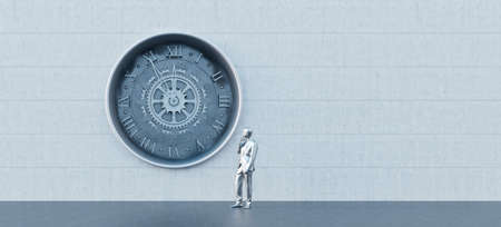 Imaginary metal statue of a man observes a large iron clock. Five minutes to twelve background...