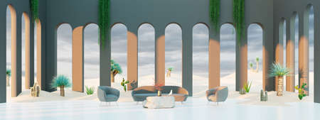 Modern Concept interior design of large living room with a desert sand entering inside, 3d Render 3d...