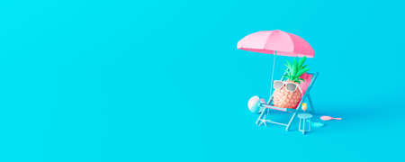 Pineapple with sunglasses resting and drink cocktail on the beach, Summer holiday concept on blue...