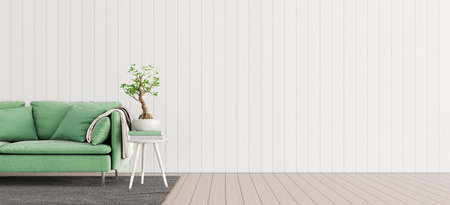 Living room interior design. Mock up with green sofa, empty white wall with free space on right 3D...