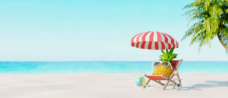 Pineapple with sunglasses resting and drink cocktail on the beach, Summer holiday concept 3d render 3d illustrationの写真素材