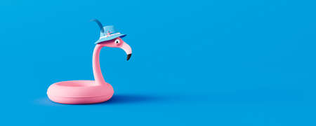 Funny pink flamingo with hat on blue background. Summer vacation minimal concept 3D Render 3D illustrationの写真素材
