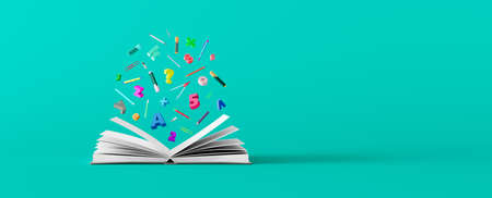 Open book with flying numbers and letters on green background.  Concept of learning and reading in...