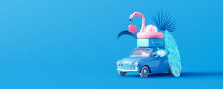 Car with luggage and summer accessories on blue background. Creative minimal vacation and travel...
