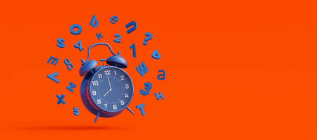 Back To School Concept. Alarm clock with flying numbers and letters on orange background. 3d render 3d illustrationの写真素材